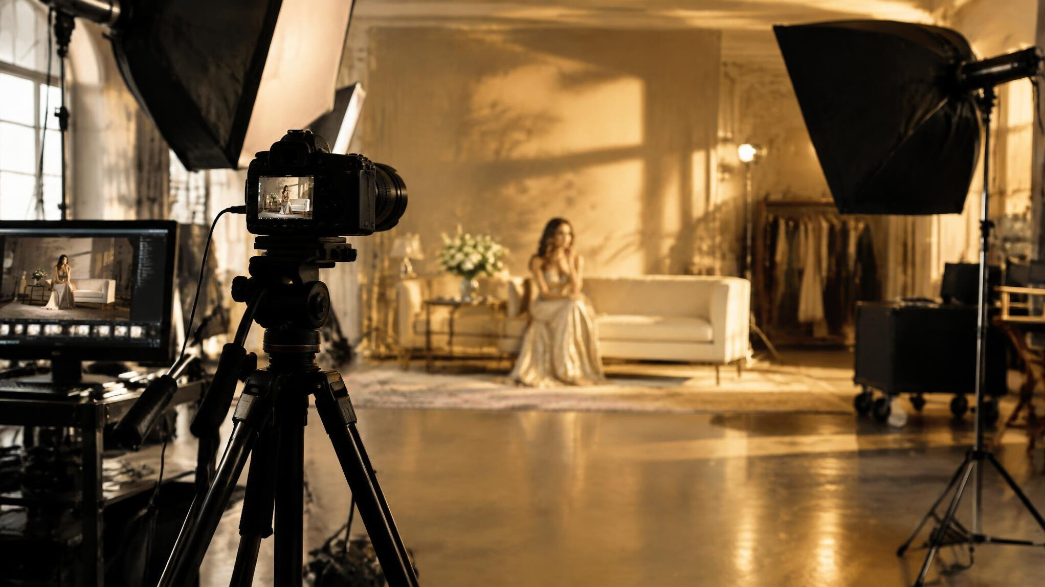 Behind the scenes photography setup with camera and studio lights