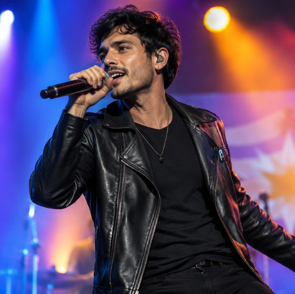 Uruguayan musician holding a microphone on stage under colorful lights