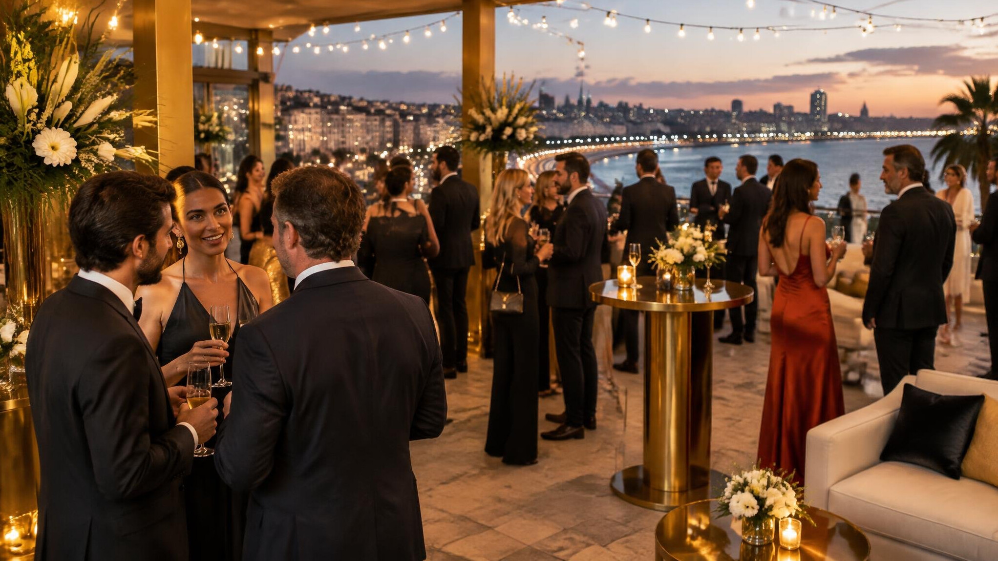 Crowd of guests mingling at an elegant entertainment industry party