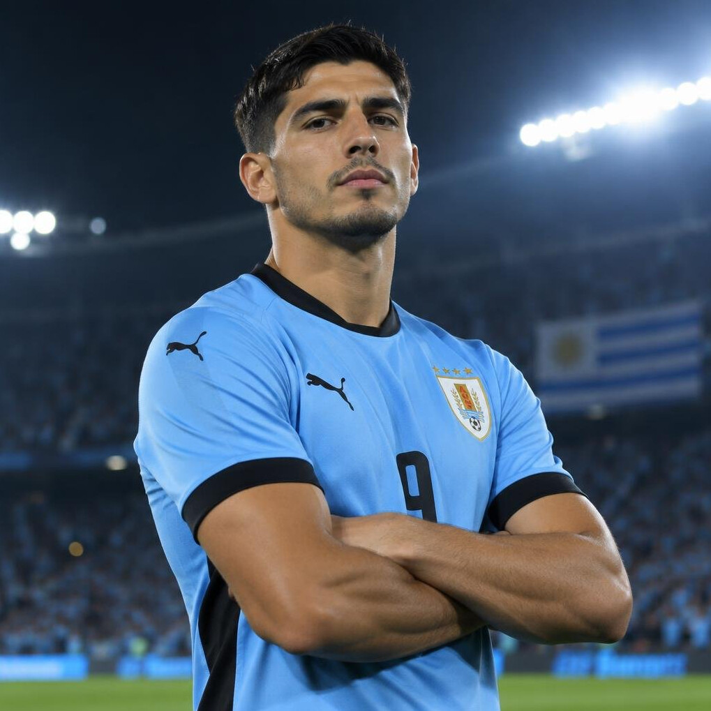 Uruguayan football player in team uniform posing in a stadium