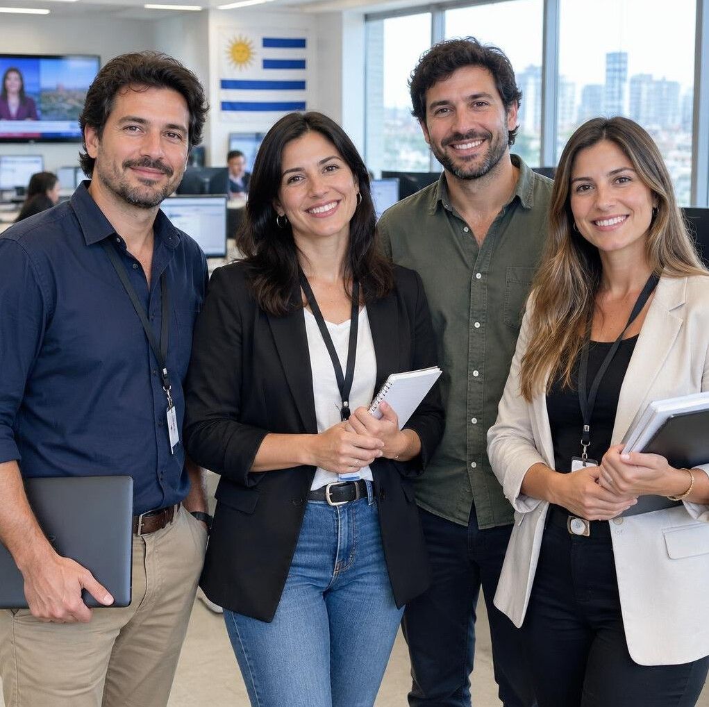Diverse editorial team working together in a modern newsroom